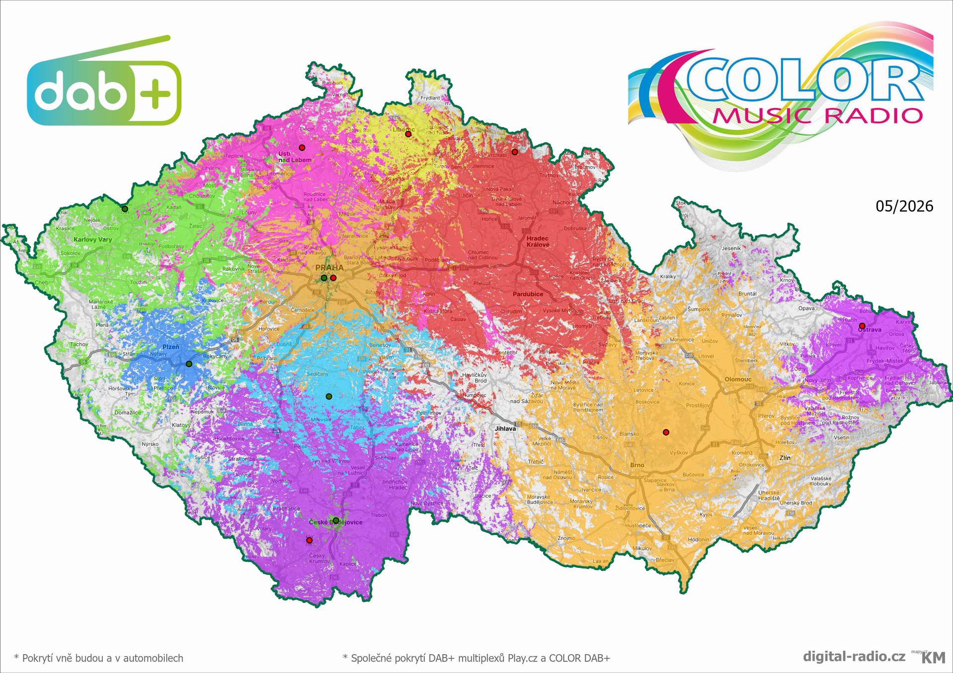 Radio COLOR - pokrytí v multipexu COLOR dab+ společně PLAY.CZ / DAB+ 